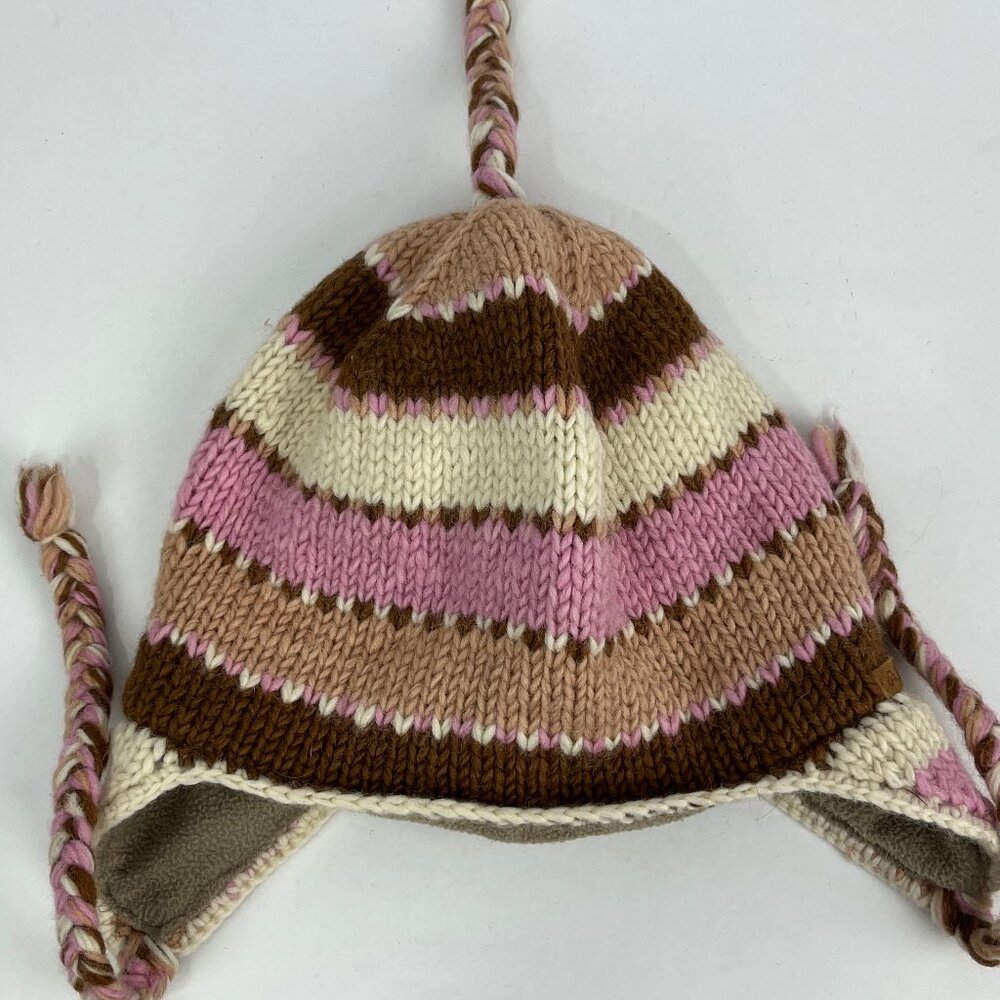 Alma Ear Flap Beanie Hat One Size Beige Pink 100% Wool Lined Polyester